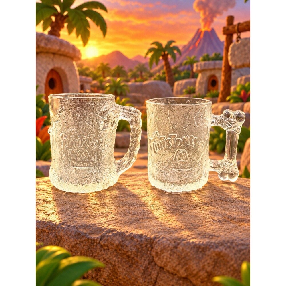 Vintage 1993 McDonald’s Flintstones RocDonald’s Glass Mugs Set of 2